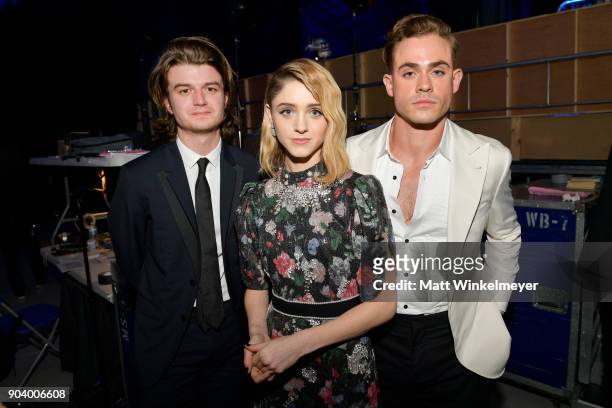 Actors Joe Keery, Natalia Dyer and Dacre Montgomery attend The 23rd Annual Critics' Choice Awards at Barker Hangar on January 11, 2018 in Santa...