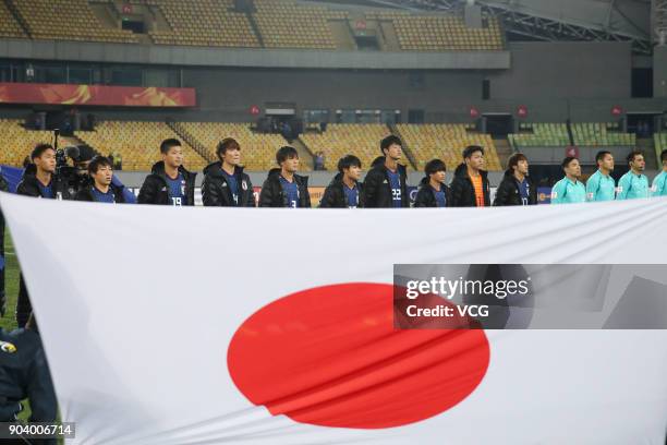 Players of Japan line up prior to the AFC U-23 Championship Group B match between Japan and Palestine at Jiangyin Sports Center on January 10, 2018...