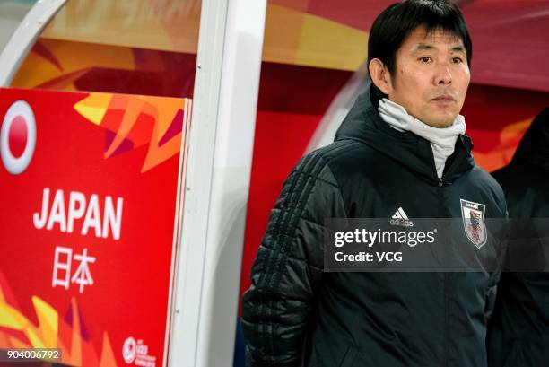 Hajime Moriyasu, head coach of Japan, looks on during the AFC U-23 Championship Group B match between Japan and Palestine at Jiangyin Sports Center...