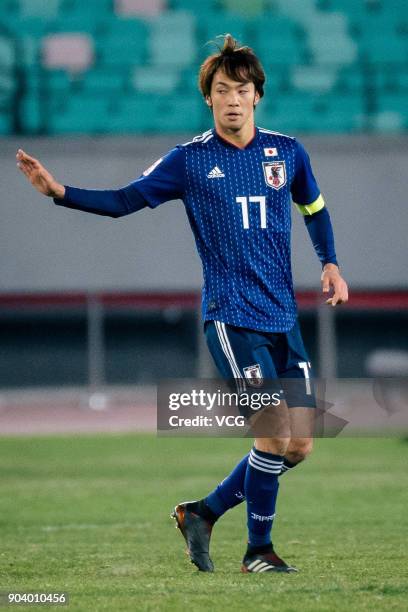 Yuta Kamiya of Japan in action during the AFC U-23 Championship Group B match between Japan and Palestine at Jiangyin Sports Center on January 10,...