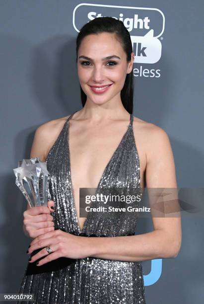 Actor Gal Gadot, recipient of the Best Action Movie award for "Wonder Woman', pose in the press room during The 23rd Annual Critics' Choice Awards at...