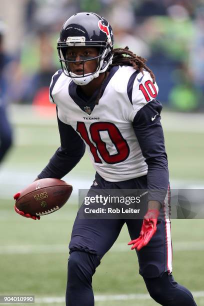 DeAndre Hopkins of the Houston Texans in action during the game against the Seattle Seahawks at CenturyLink Field on October 29, 2017 in Seattle,...