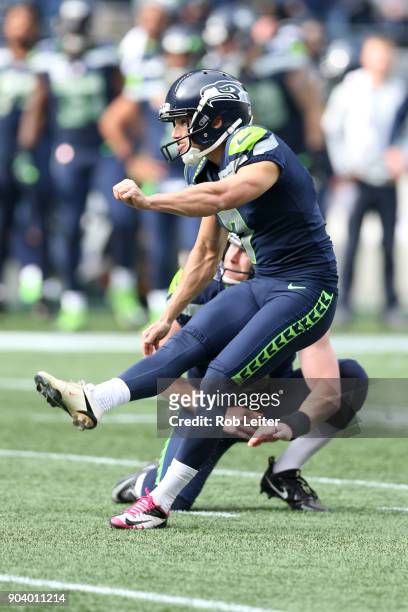 Blair Walsh of the Seattle Seahawks kicks during the game against the Houston Texans at CenturyLink Field on October 29, 2017 in Seattle, Washington....