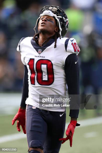 DeAndre Hopkins of the Houston Texans looks up during the game against the Seattle Seahawks at CenturyLink Field on October 29, 2017 in Seattle,...