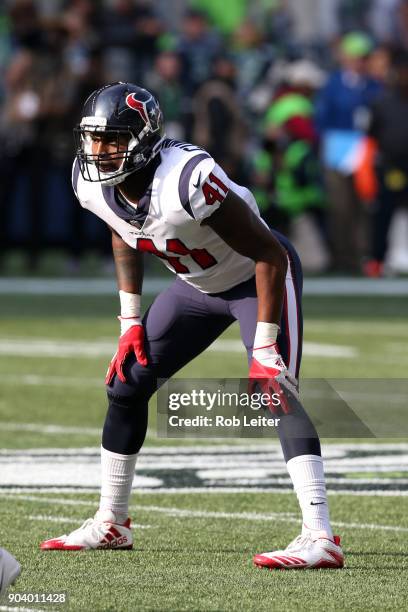 Zach Cunningham of the Houston Texans in action during the game against the Seattle Seahawks at CenturyLink Field on October 29, 2017 in Seattle,...