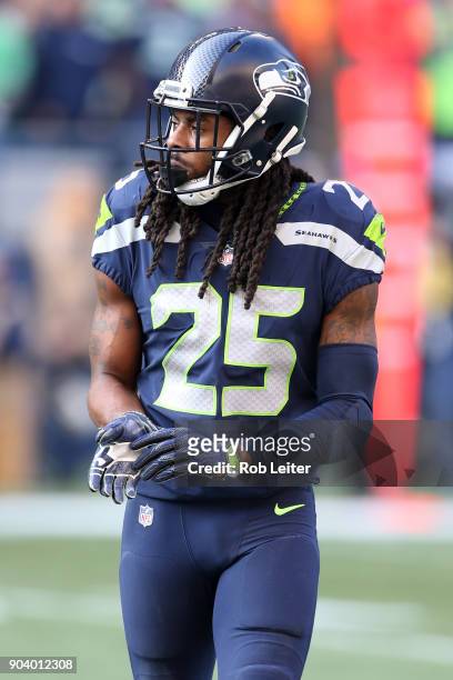 Richard Sherman of the Seattle Seahawks looks on during the game against the Houston Texans at CenturyLink Field on October 29, 2017 in Seattle,...
