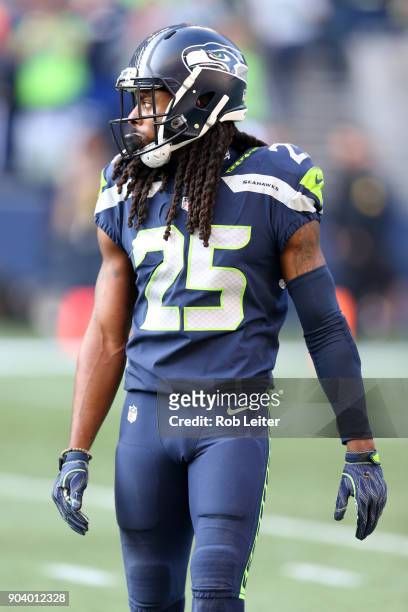 Richard Sherman of the Seattle Seahawks looks on during the game against the Houston Texans at CenturyLink Field on October 29, 2017 in Seattle,...