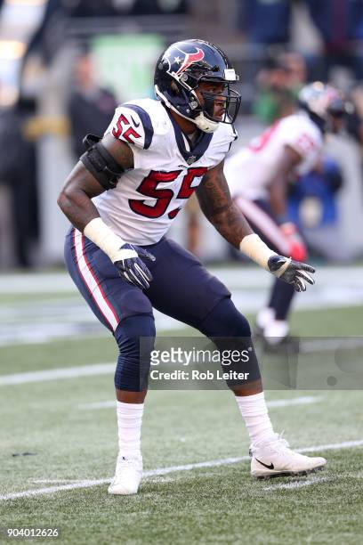 Benardrick McKinney of the Houston Texans in action during the game against the Seattle Seahawks at CenturyLink Field on October 29, 2017 in Seattle,...