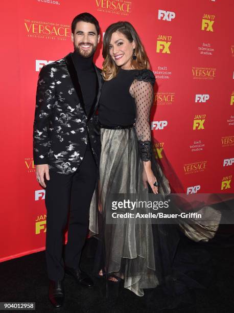 Actor Darren Criss and Mia Swier attend the Los Angeles Premiere of 'The Assassination of Gianni Versace: American Crime Story' at ArcLight Hollywood...