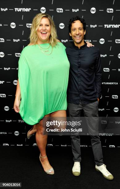 Actor Bridget Everett and Actor Danny Pudi of 'Bobcat Goldthwait's Misfits & Monsters' poses in the green room during the TCA Turner Winter Press...