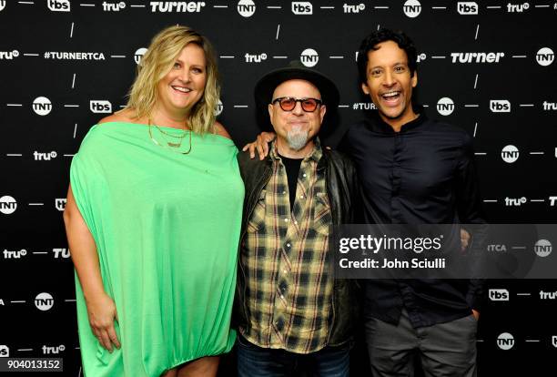 Actor Bridget Everett, Creator/writer/director Bobcat Goldthwait and Actor Danny Pudi of 'Bobcat Goldthwait's Misfits & Monsters' poses in the green...