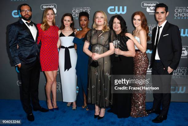 The Cast of 'The Handmaids Tale', recipients of the Best Drama Series award, pose in the press room during The 23rd Annual Critics' Choice Awards at...
