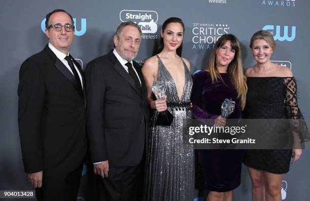 Steven Mnuchin, Chuck Roven, Gal Gadot, Patty Jenkins and Deborah Snyder, recipients of the 'Best Action Movie' award for "Wonder Woman', pose in the...