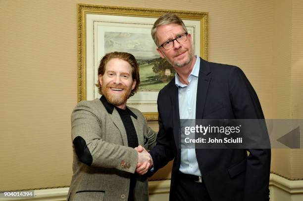 Actor Seth Green of 'Bobcat Goldthwait's Misfits & Monsters' and President of truTV Chris Linn pose in the green room during the TCA Turner Winter...