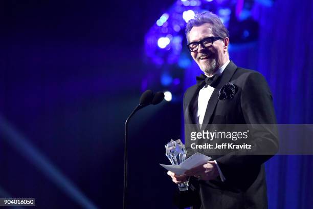 Actor Gary Oldman speaks on stage at The 23rd Annual Critics' Choice Awards at Barker Hangar on January 11, 2018 in Santa Monica, California.