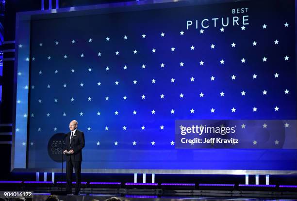 Actor Sir Patrick Stewart speaks on stage at The 23rd Annual Critics' Choice Awards at Barker Hangar on January 11, 2018 in Santa Monica, California.