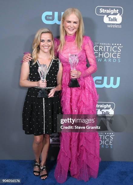 Nicole Kidman and Reese Witherspoon pose with the 'Best Actress in a Movie Made for TV or Limited Series' and 'Best Limited Series' awards for 'Big...