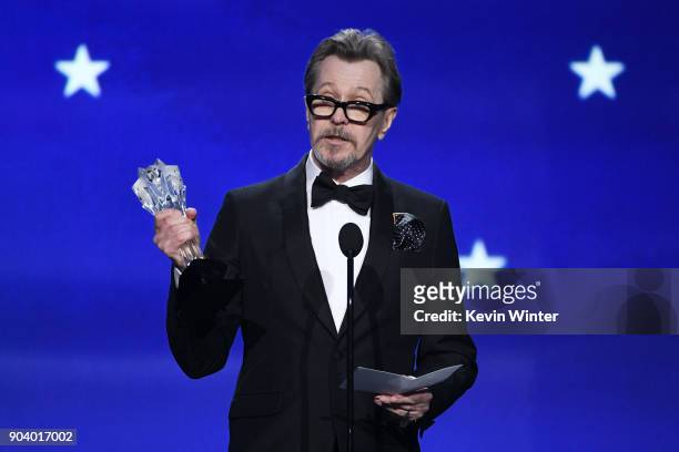 Actor Gary Oldman accepts Best Actor for 'Darkest Hour' onstage during The 23rd Annual Critics' Choice Awards at Barker Hangar on January 11, 2018 in...