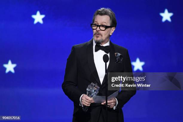 Actor Gary Oldman accepts Best Actor for 'Darkest Hour' onstage during The 23rd Annual Critics' Choice Awards at Barker Hangar on January 11, 2018 in...