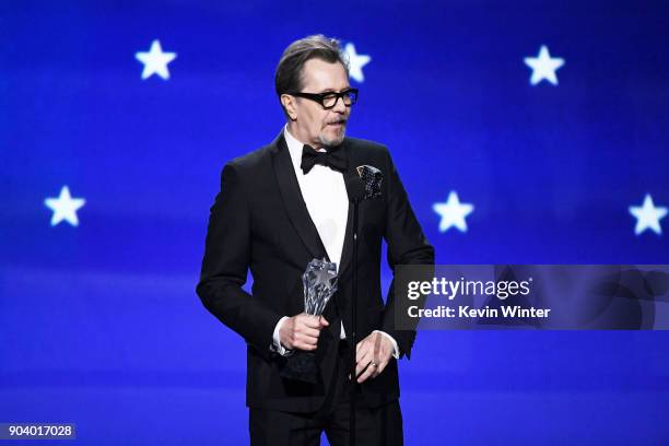 Actor Gary Oldman accepts Best Actor for 'Darkest Hour' onstage during The 23rd Annual Critics' Choice Awards at Barker Hangar on January 11, 2018 in...