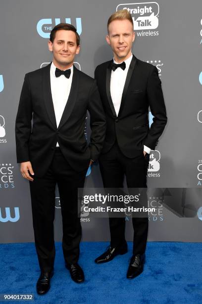 Composers Benj Pasek and Justin Paul attend The 23rd Annual Critics' Choice Awards at Barker Hangar on January 11, 2018 in Santa Monica, California.