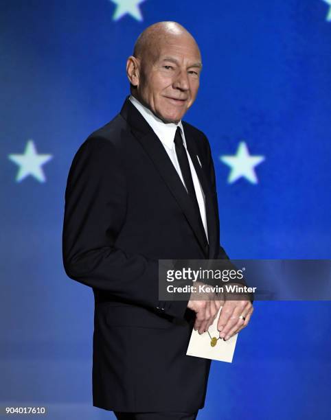 Actor Sir Patrick Stewart speaks onstage during The 23rd Annual Critics' Choice Awards at Barker Hangar on January 11, 2018 in Santa Monica,...