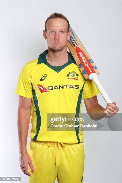 Cameron White of Australia poses during an Australia One Day International headshots session at the Melbourne Cricket Ground on January 12, 2018 in...
