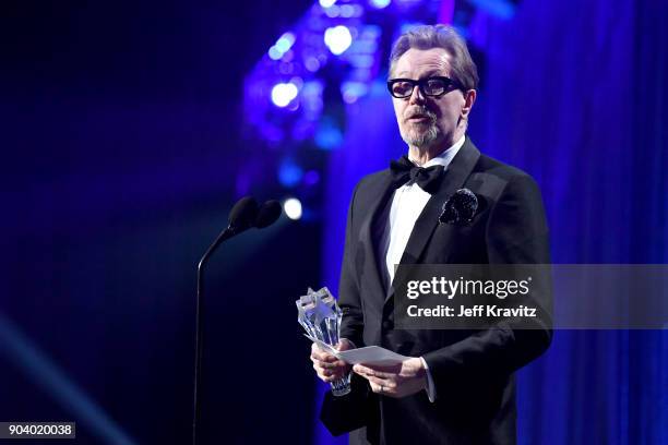 Actor Gary Oldman speaks on stage at The 23rd Annual Critics' Choice Awards at Barker Hangar on January 11, 2018 in Santa Monica, California.