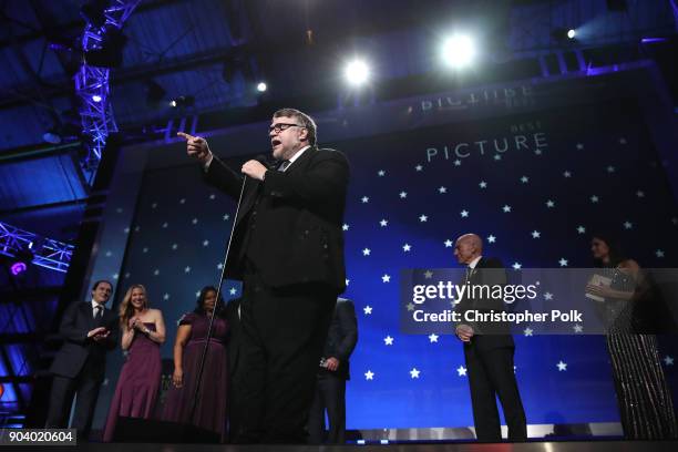 Director Guillermo del Toro accepts Best Picture for 'The Shape of Water' onstage during The 23rd Annual Critics' Choice Awards at Barker Hangar on...