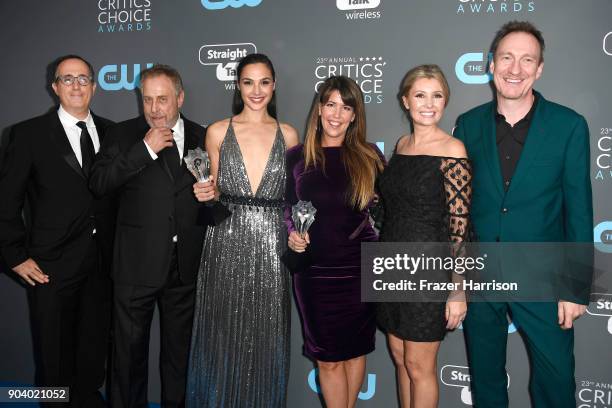 Producers Richard Suckle and Charles Roven, actor Gal Gadot, director Patty Jenkins, Connie Nielsen and David Thewlis, recipients of the Best Action...