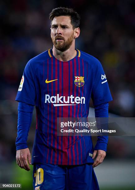 Lionel Messi of Barcelona looks on during the Copa Del Rey 2nd leg match between Barcelona and Celta Vigo at Camp Nou on January 11, 2018 in...