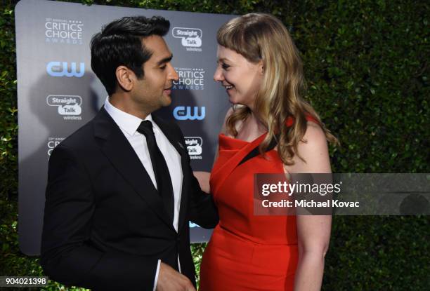 Writer-actor Kumail Nanjiani and writer Emily V. Gordon attend Moet & Chandon celebrate The 23rd Annual Critics' Choice Awards at Barker Hangar on...