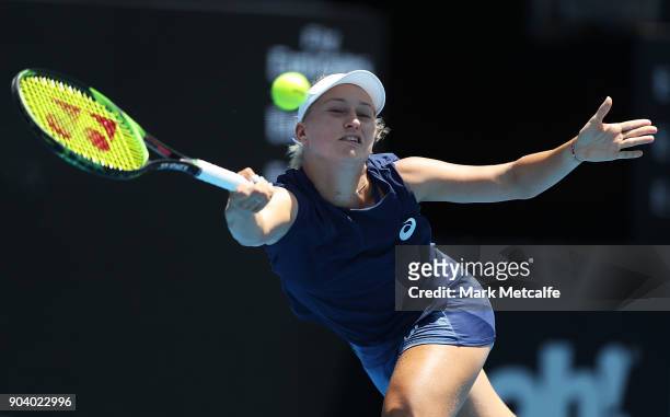Daria Gavrilova of Australia plays a forehand in her semi final match against Ashleigh Barty of Australia during day six of the 2018 Sydney...