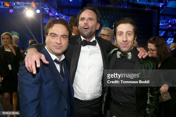 Johnny Galecki, Walton Goggins and Simon Helberg attend the 23rd Annual Critics' Choice Awards on January 11, 2018 in Santa Monica, California.