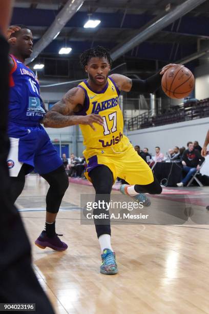 Vander Blue of the South Bay Lakers handles the ball during the game against the Long Island Nets at the NBA G League Showcase Game 11 on January 11,...