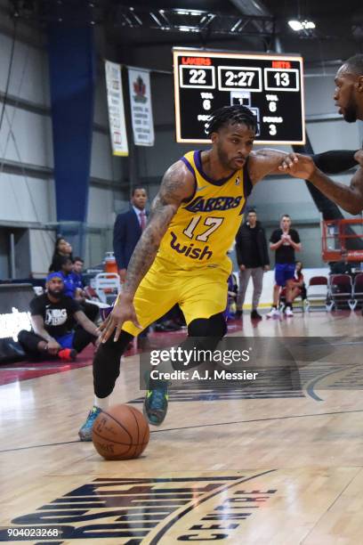 Vander Blue of the South Bay Lakers handles the ball during the game against the Long Island Nets at the NBA G League Showcase Game 11 on January 11,...