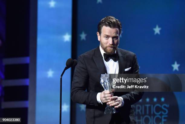 Actor Ewan McGregor accepts Best Actor in a Movie/Limited Series for 'Fargo' onstage during The 23rd Annual Critics' Choice Awards at Barker Hangar...