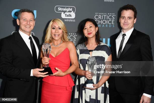 Producer Clay Newbill, TV personality Lori Greiner, and producers Yun Lingner and Jon Weinbach, recipients of best Competition Series for 'Shark...