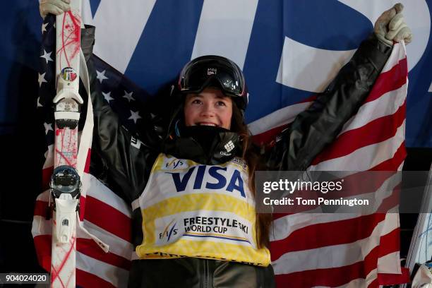 Jaelin Kauf of the United States celebrates after winning the Ladies' Moguls Finals during the 2018 FIS Freestyle Ski World Cup at Deer Valley Resort...