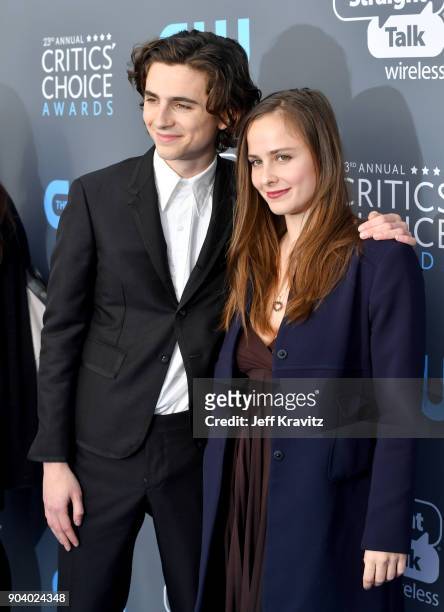 Actors Timothee Chalamet and Pauline Chalamet attend The 23rd Annual Critics' Choice Awards at Barker Hangar on January 11, 2018 in Santa Monica,...
