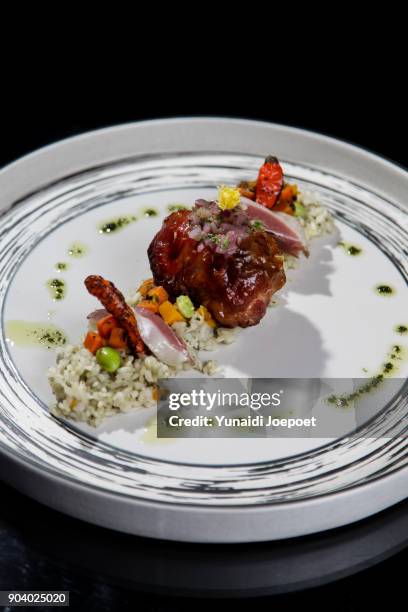 peruvian dish arroz con pato/ rice with duck - arroz stockfoto's en -beelden