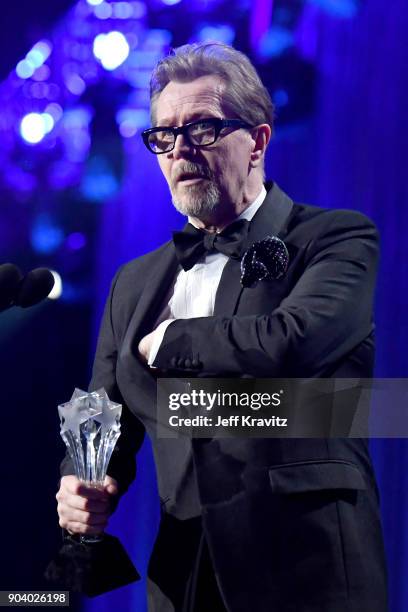 Actor Gary Oldman speaks on stage at The 23rd Annual Critics' Choice Awards at Barker Hangar on January 11, 2018 in Santa Monica, California.