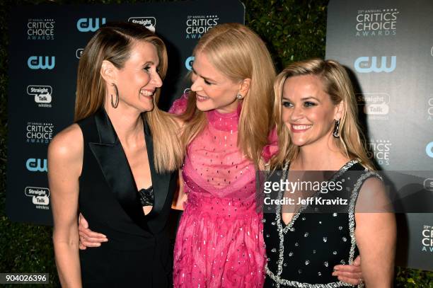 Actors Laura Dern , Nicole Kidman, and Reese Witherspoon attend The 23rd Annual Critics' Choice Awards at Barker Hangar on January 11, 2018 in Santa...