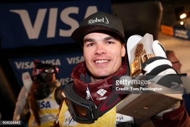 Mikael Kingsbury of Canada celebrates after winning the Men's Moguls Finals during the 2018 FIS Freestyle Ski World Cup at Deer Valley Resort on...