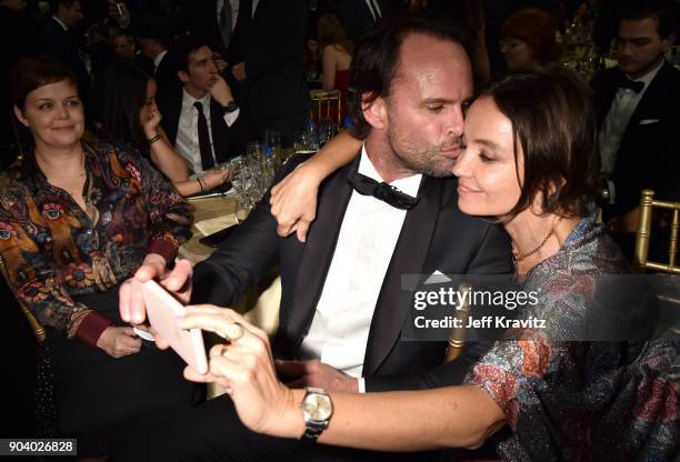 Actor Walton Goggins and screenwriter Nadia Conners attend The 23rd Annual Critics' Choice Awards at Barker Hangar on January 11, 2018 in Santa...