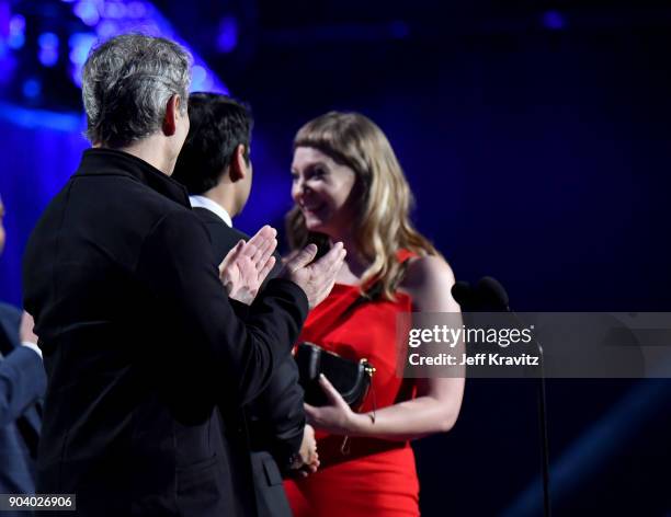 Actor Kumail Nanjiani and writer Emily V. Gordon speak on stage at The 23rd Annual Critics' Choice Awards at Barker Hangar on January 11, 2018 in...