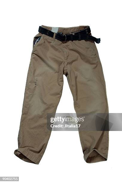 khaki trousers - casual pants on white background - khaki trousers stockfoto's en -beelden