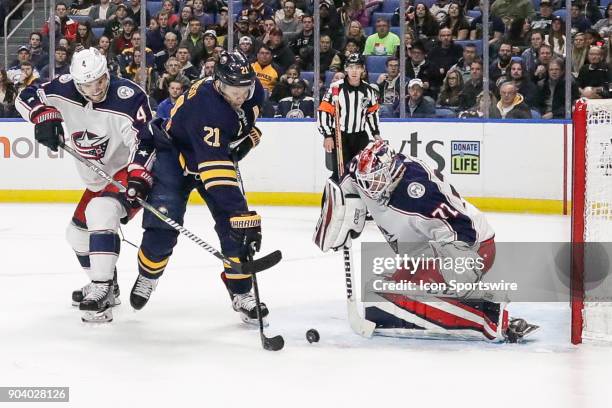 Columbus Blue Jackets Goalie Sergei Bobrovsky prepares to make save on shot by Buffalo Sabres Right Wing Kyle Okposo as Columbus Blue Jackets...