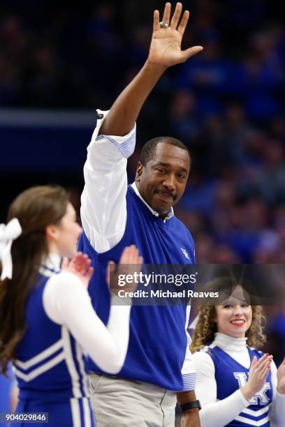 Former Kentucky Wildcat Jack 'Goose' Givens waves to the crowd against the Texas A&M Aggies at Rupp Arena on January 9, 2018 in Lexington, Kentucky.