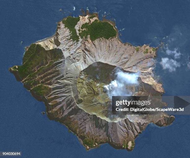DigitalGlobe via Getty Images satellite image of Whakaari, White Island, Bay of Plenty, New Zealand.